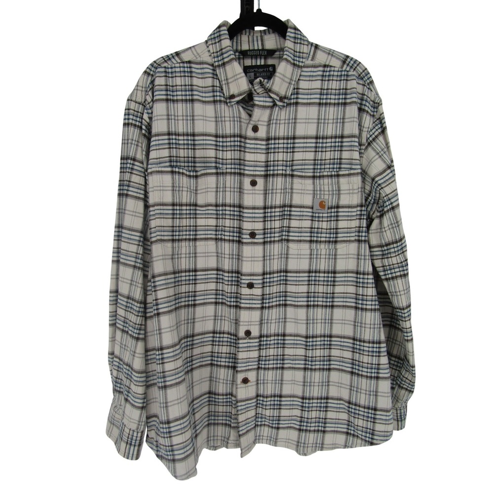 Carhartt Rugged Flex Shirt Mens Large White Plaid Good TW4448-M Relaxed Fit Long